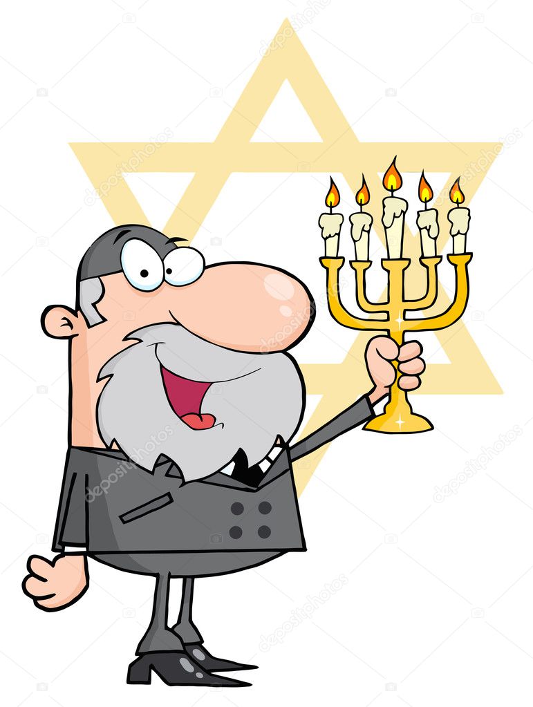 Rabbi Man Holding Up A Menorah, With The Star Of David