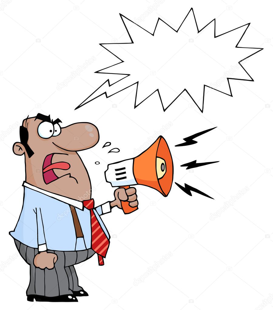 Angry African American Boss Man Screaming Into Megaphone,With A Word Balloon