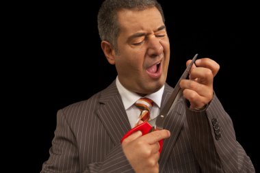 Businessman cutting nails with huge scisors hurt himself Humour clipart