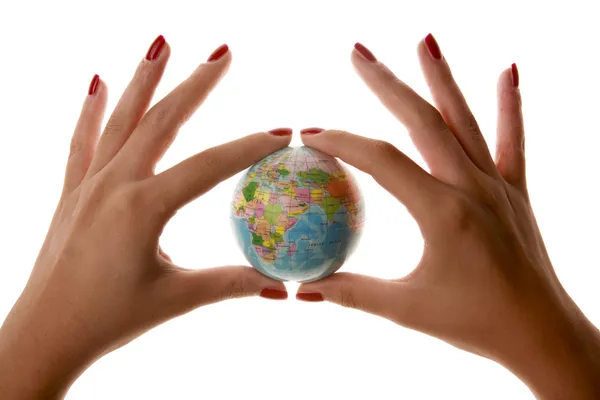 Womans kezében tartja a Föld bolygó üzleti kis világ — Stock Fotó