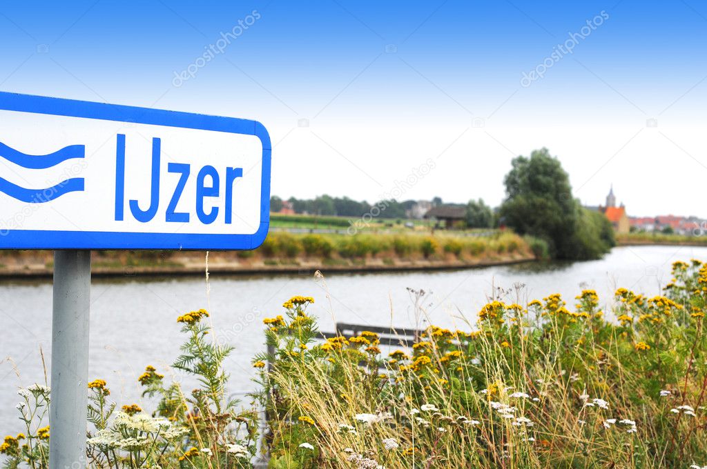 River IJzer with Diksmuide in the back, Flanders, Belgium, Europe