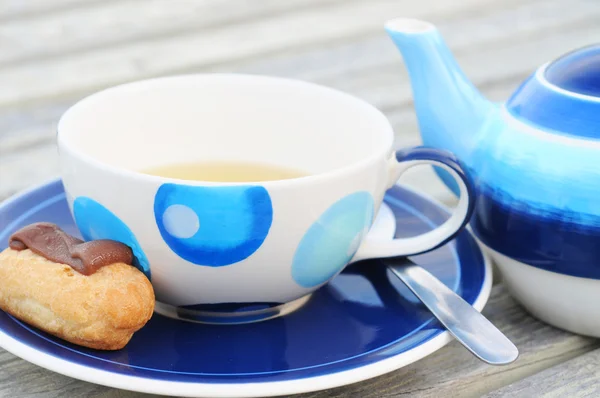 Mini Chocolate Choux Pastry Blue Decorated Cup Saucer — Stock Photo, Image