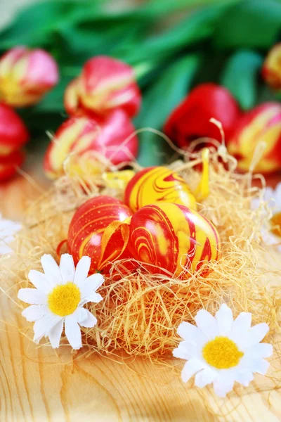 春のテーブルの装飾のためのチューリップとイースターの卵 — ストック写真