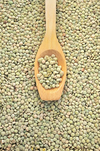 Colher de madeira e lentilhas verdes secas — Fotografia de Stock