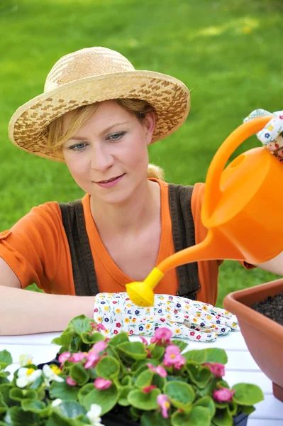 Young Woman Watering Flowers — Stock Photo, Image