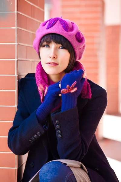 Fashionable Young Woman Wearing Pink Beret Scarf Blue Gloves — Stock Photo, Image