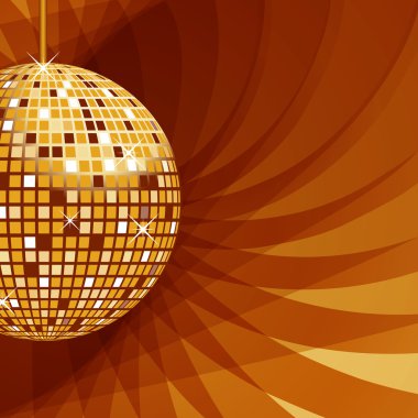 Disco ball in gold with sparkles set on an elegant abstract background. clipart