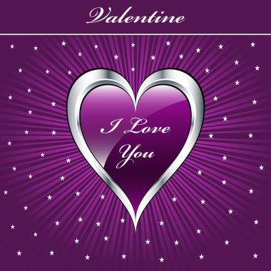 Valentine love heart in purple and silver on sunburst background with stars. Copyspace for text. clipart