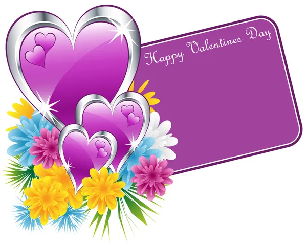 Valentine Purple Silver Hearts Flowers Happy Valentines Day Gift Tag — Stock Vector