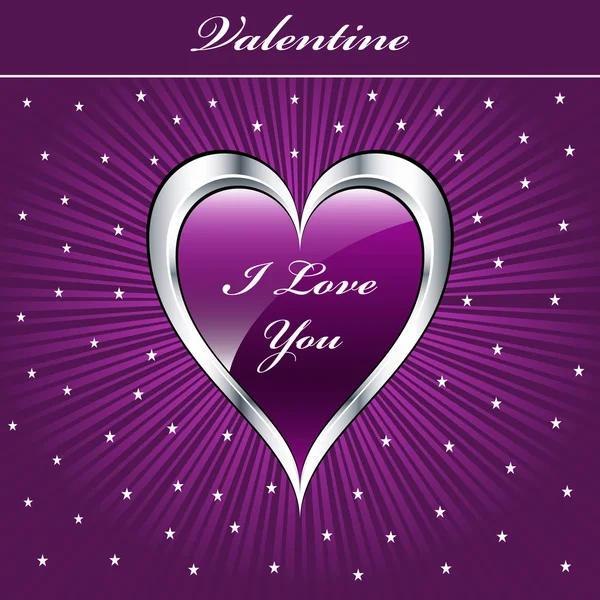 Valentine Love Heart Purple Silver Sunburst Background Stars Copyspace Text — Stock Vector