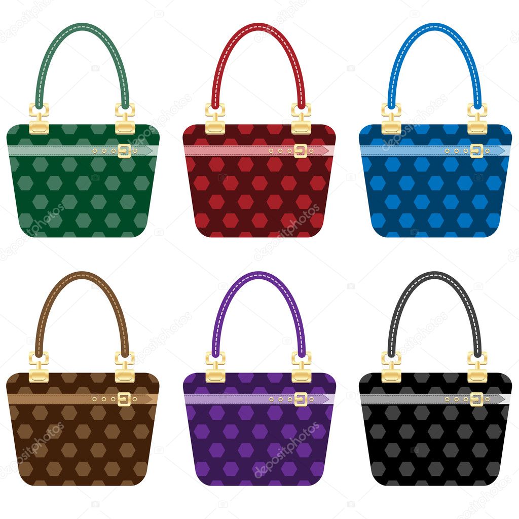 Ladies fashion handbags set in 6 colors. Isolated on white.