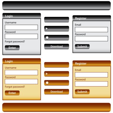 Web design template inc elements with login and register modules, buttons and menu bars in gold and black. Isolated on white. clipart