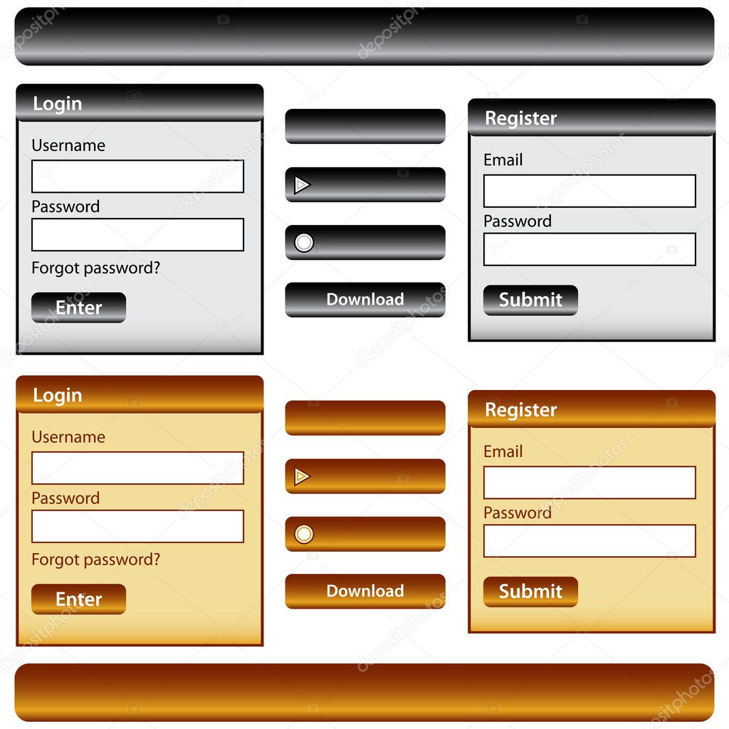 Web design template inc elements with login and register modules, buttons and menu bars in gold and black. Isolated on white.