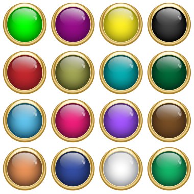 Web buttons round with gold rims in assorted colors. Scalable, isolated on white. clipart