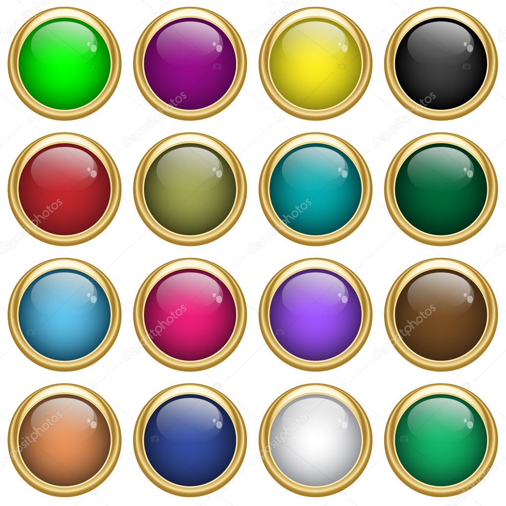 Web buttons round with gold rims in assorted colors. Scalable, isolated on white.