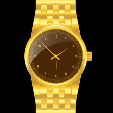 Gold watch with gold wrist band, brown shiny clock face. Classical modern watch. Isolated on black. clipart