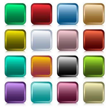 Web buttons set in 16 rounded square assorted colors with reflection. Scalable. Isolated on white. clipart