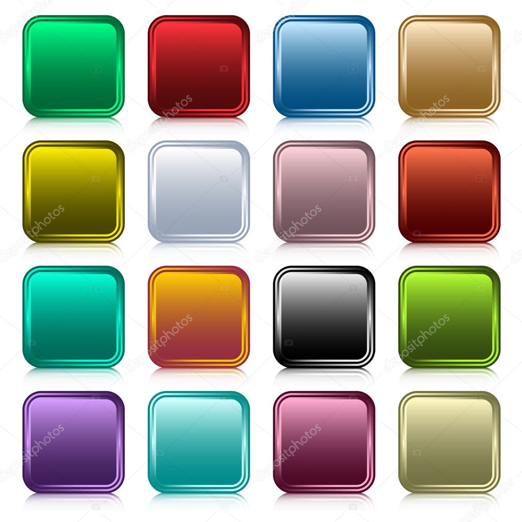 Web buttons set in 16 rounded square assorted colors with reflection. Scalable. Isolated on white.