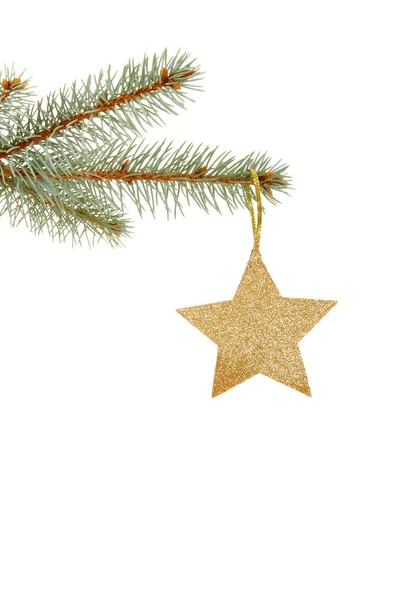 Weihnachten Goldener Stern Auf Einem Weihnachtszweig Isoliert Auf Weiß — Stockfoto