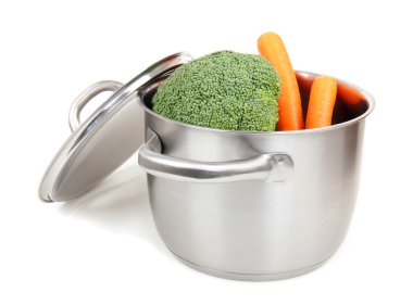 Stainless steel pot isolated on white background with vegetables, diet concept clipart