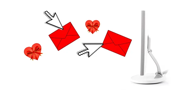 Sevgililer Günü Kalpleri Posta Üzerinde Beyaz Izole Olan Bir Bilgisayar — Stok fotoğraf