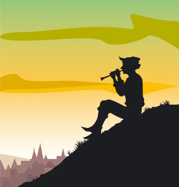 A man playing on a flute on sunset above a city sitting on a hill. clipart