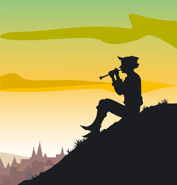 一个人在上面坐在小山上的一座城市的日落大道上长笛玩 — 图库矢量图片