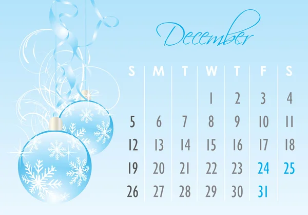 Декабрь календарь праздников с украшением Рождества — стоковый вектор