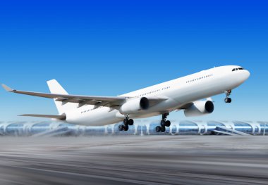 Big passenger plane is flying up from runway of airport clipart