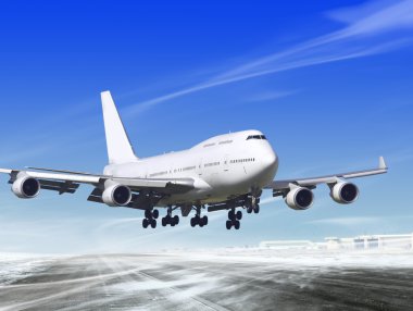 White passenger plane is landing away from airport clipart