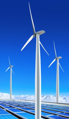 Environmentally benign solar panels and wind turbines generating electricity clipart