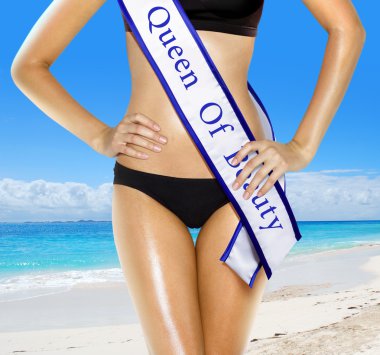 Part of woman shape of beautiful thigh in bikini with white tape of beauty contest clipart