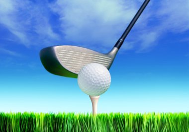 Golf ball on course in front of driver clipart