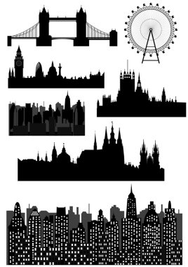 Famous architectural monuments and landmarks - London, Prague and modern city clipart