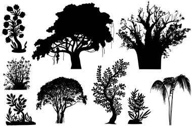 Silhouettes of various African trees and bushes clipart