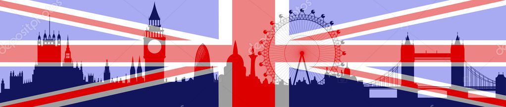 Illustration of the London skyline with flag on background - vector