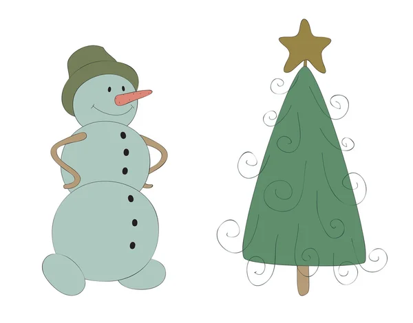 Snögubbe och julgran — Stock vektor