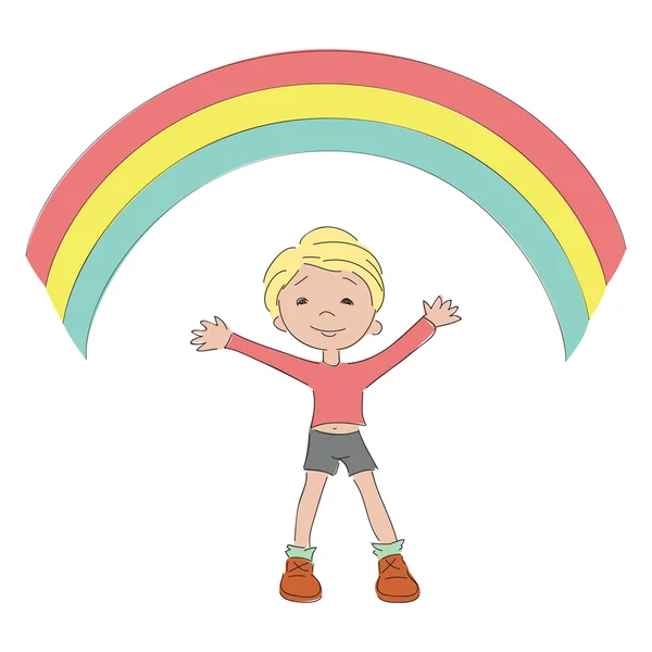 Niño Feliz Con Arco Iris Ilustración Dibujada Mano — Archivo Imágenes Vectoriales