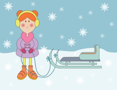 Illustration of winter vacation, little girl with slide clipart