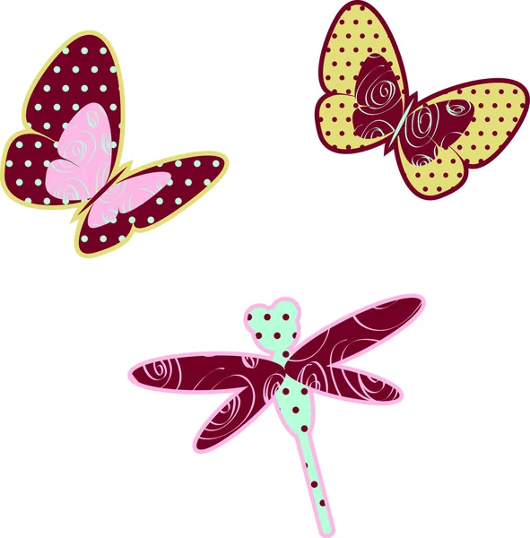Decorated butterflies and dragonfly — Stock Vector