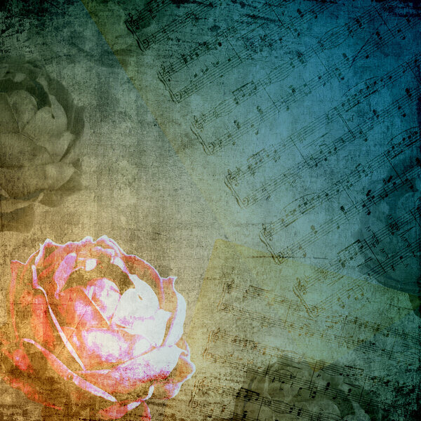Romantic background in retro style with silhouette of rose, old paper and m