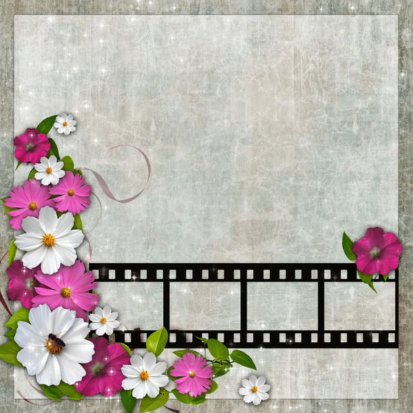Layout de página álbum de fotos com flores e filmstrip — Fotografia de Stock