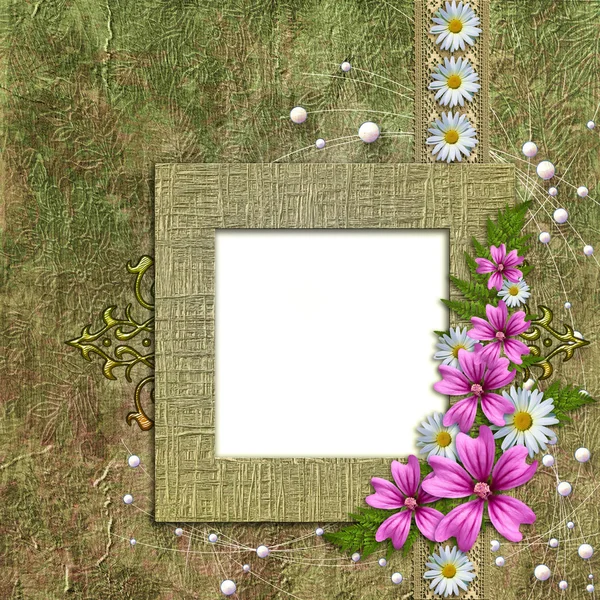 Eski duvar kağıdı arka plan çerçevesi ve çiçekler köşesi — Stok fotoğraf