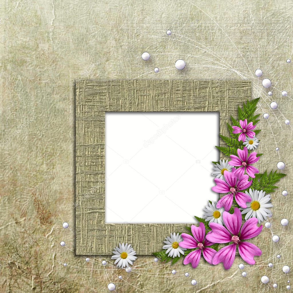 Old wallpaper background with frame and flowers corner