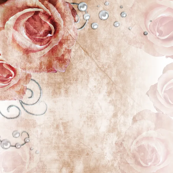 Fundo de casamento bonito com rosas e pérolas — Fotografia de Stock