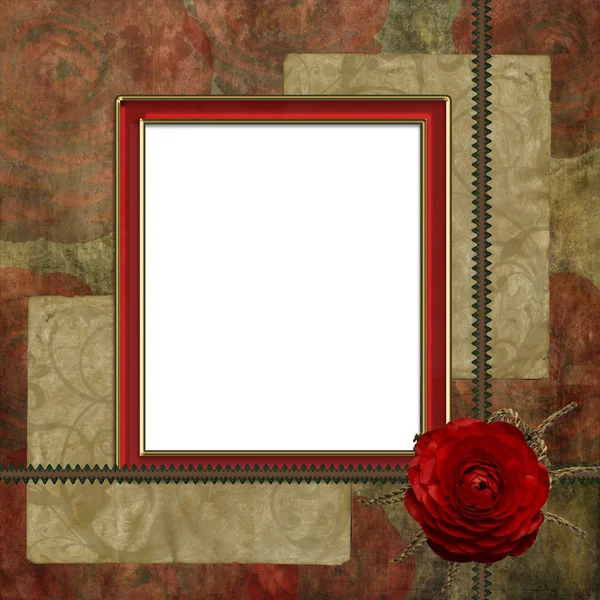 Cornice rossa con rosa rossa sullo sfondo marrone — Foto Stock