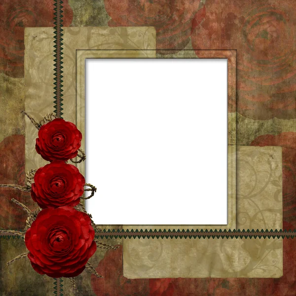 Červený rámeček s rudou růži na hnědé pozadí — Stock fotografie