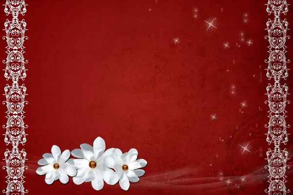Винтажный красный фон с белыми цветами и кружевами границы — стоковое фото
