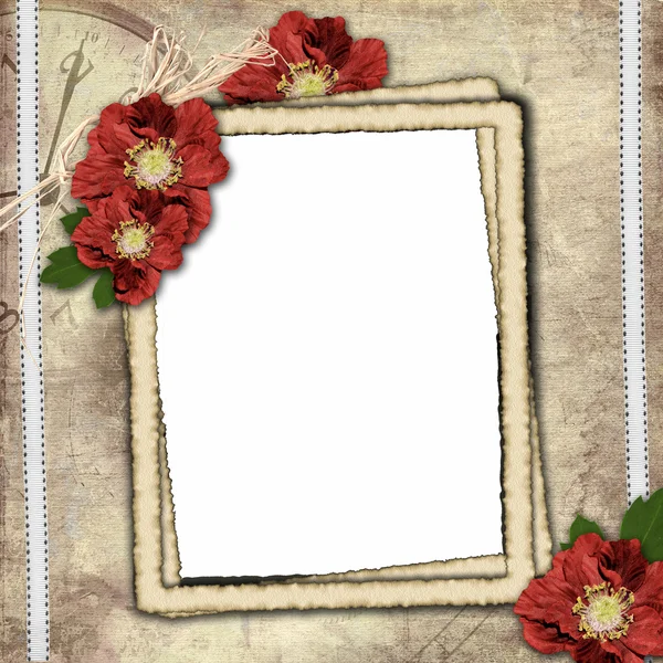 Винтажный фон с рамкой для фото и цветочной композиции — стоковое фото