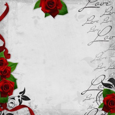 Romantic vintage background with red roses and hearts (1 of set clipart